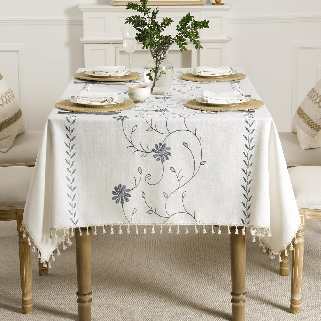 Boho Rectangle Tablecloth – Fall Linen Cotton with Tassels, Grey Daisy Floral