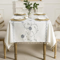 Boho Rectangle Tablecloth – Fall Linen Cotton with Tassels, Grey Daisy Floral