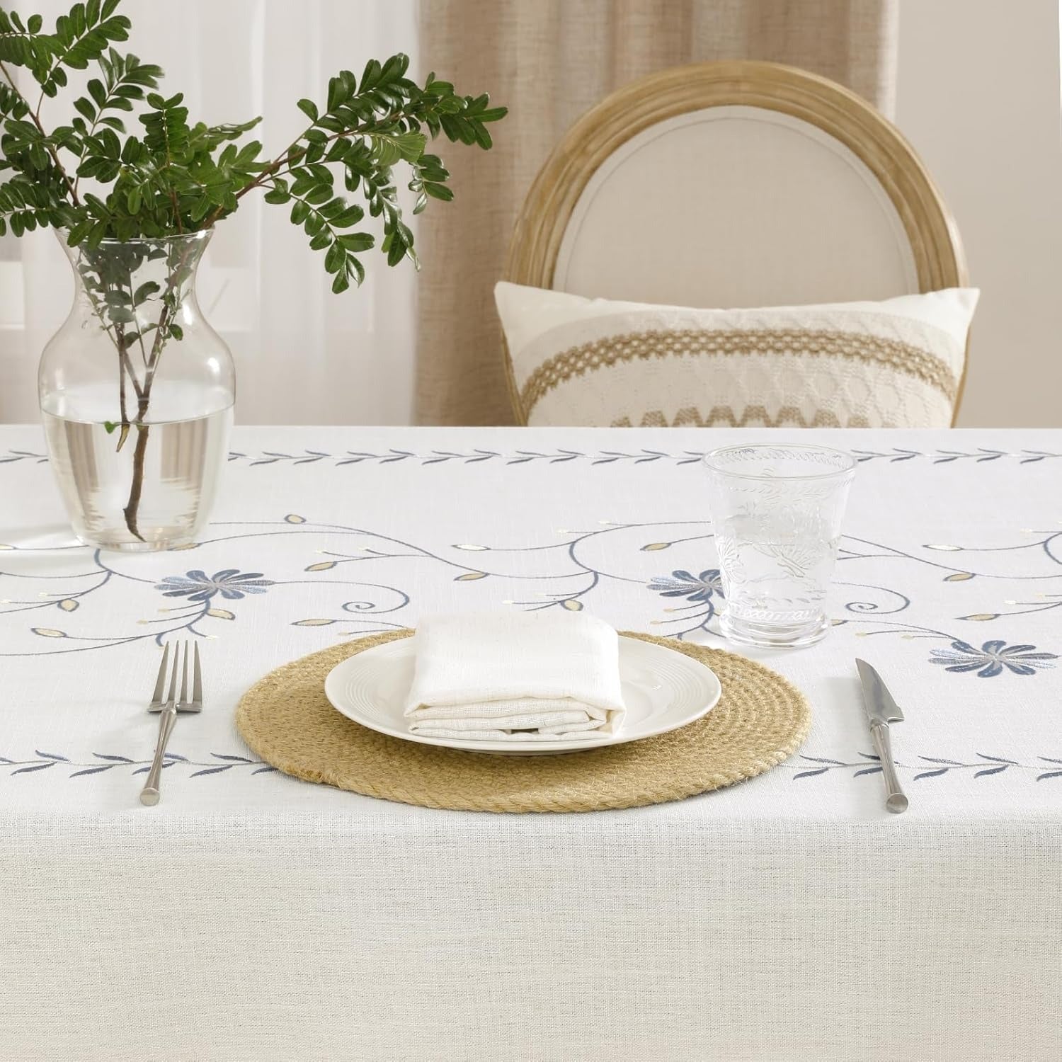Boho Rectangle Tablecloth – Fall Linen Cotton with Tassels, Grey Daisy Floral