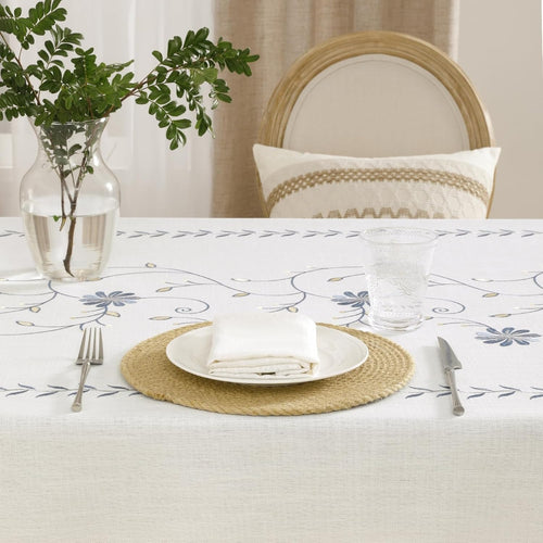 Boho Rectangle Tablecloth – Fall Linen Cotton with Tassels, Grey Daisy Floral