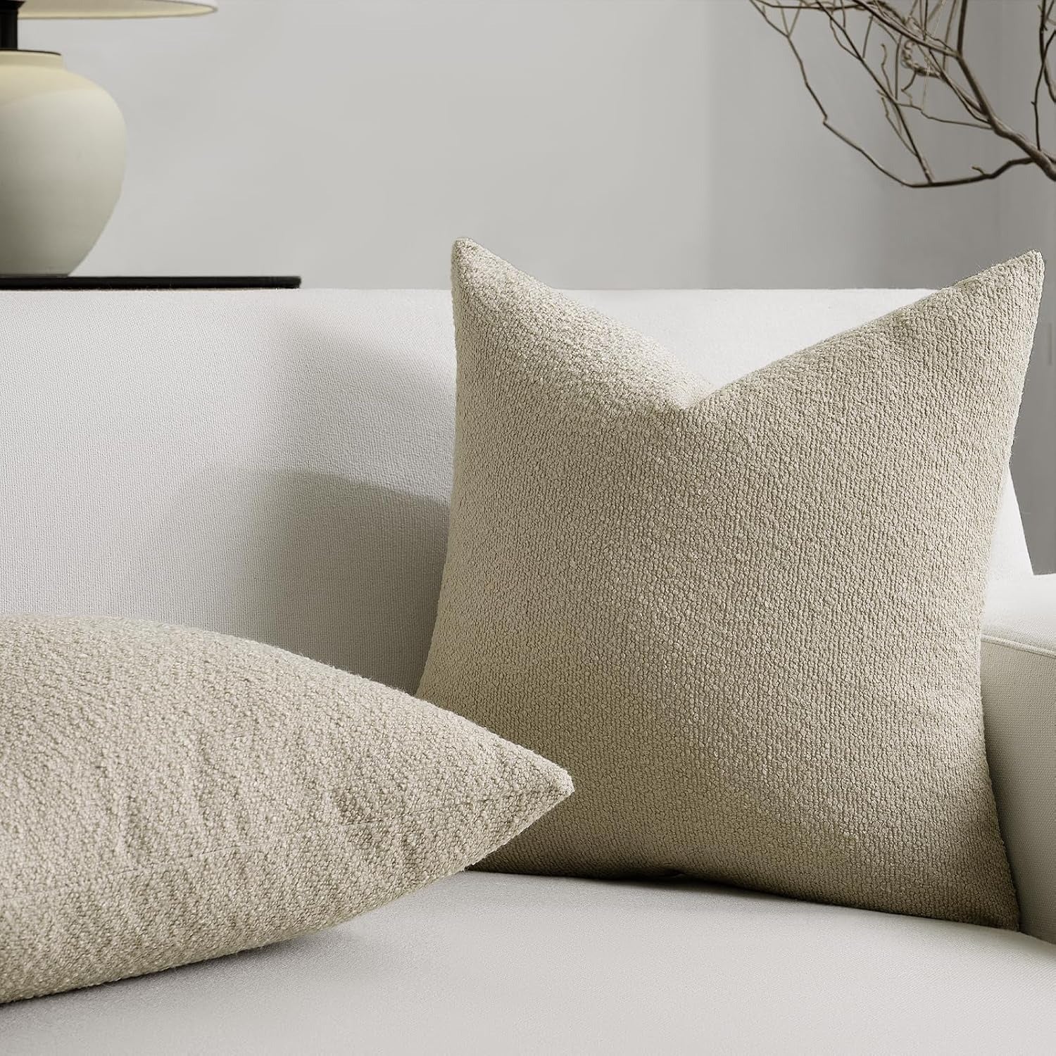 Set of 2 Beige Throw Pillow Covers – Boucle Textured