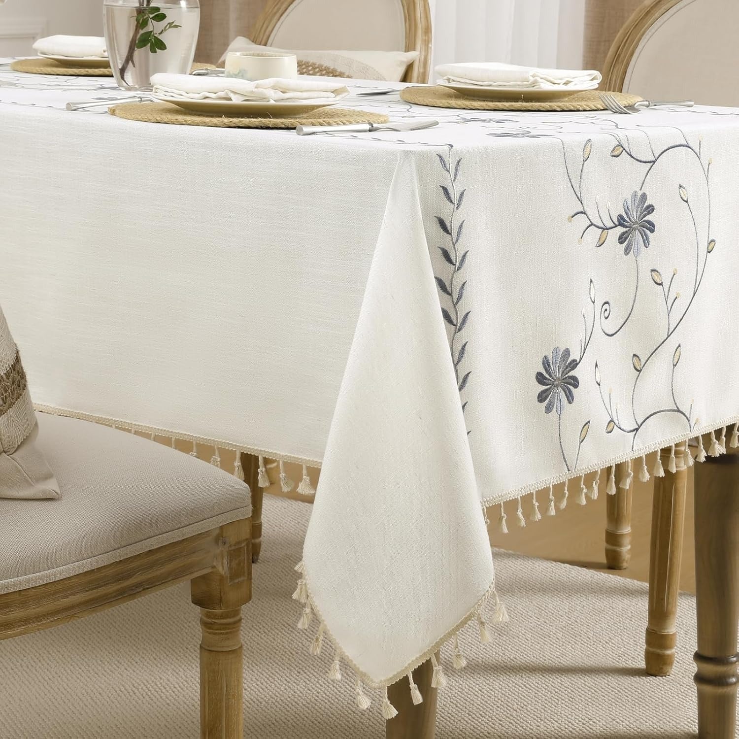 Boho Rectangle Tablecloth – Fall Linen Cotton with Tassels, Grey Daisy Floral