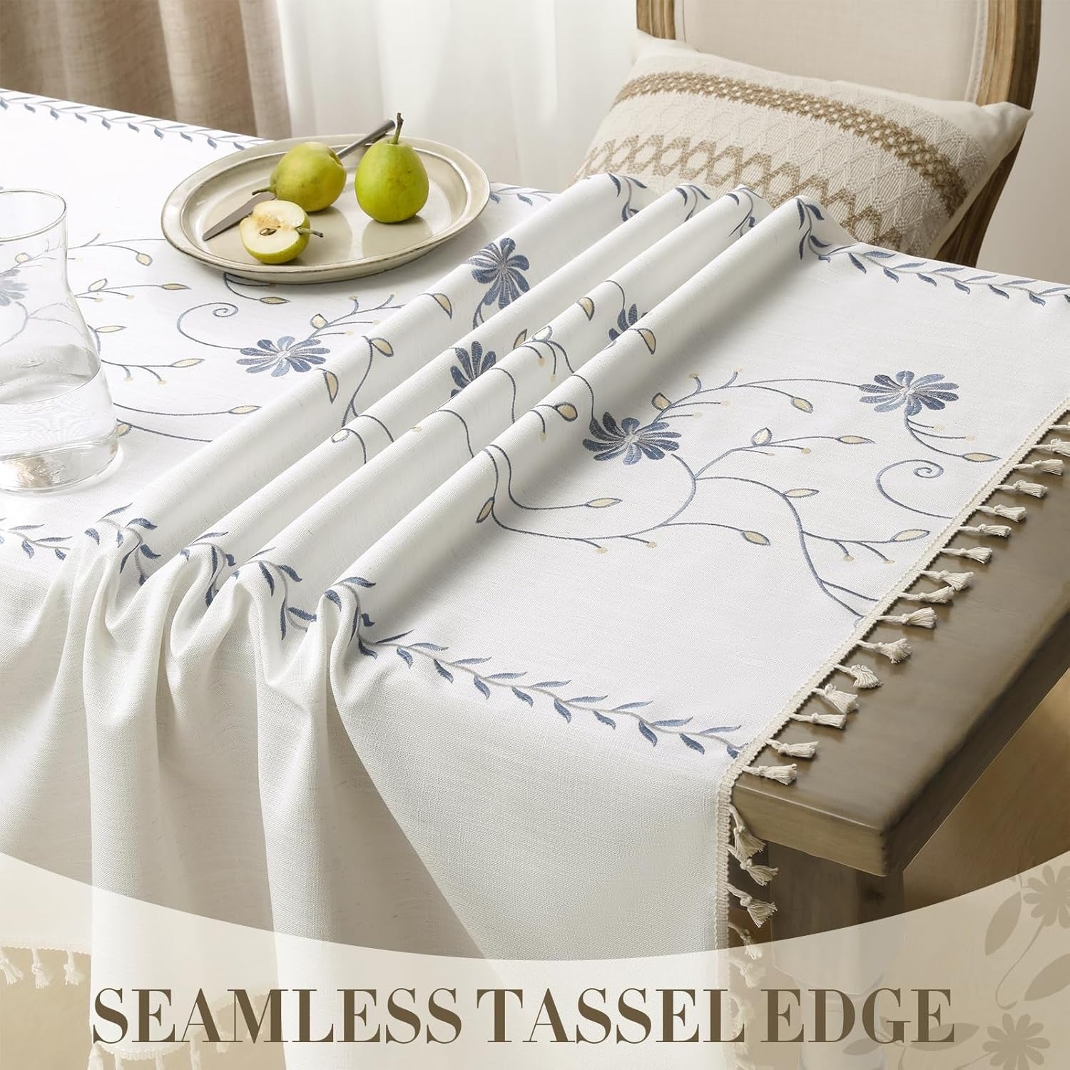 Boho Rectangle Tablecloth – Fall Linen Cotton with Tassels, Grey Daisy Floral