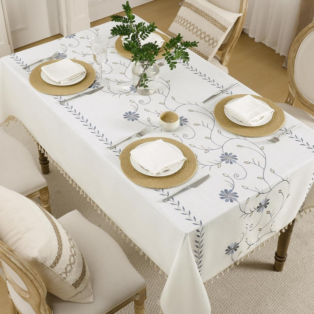 Boho Rectangle Tablecloth – Fall Linen Cotton with Tassels, Grey Daisy Floral