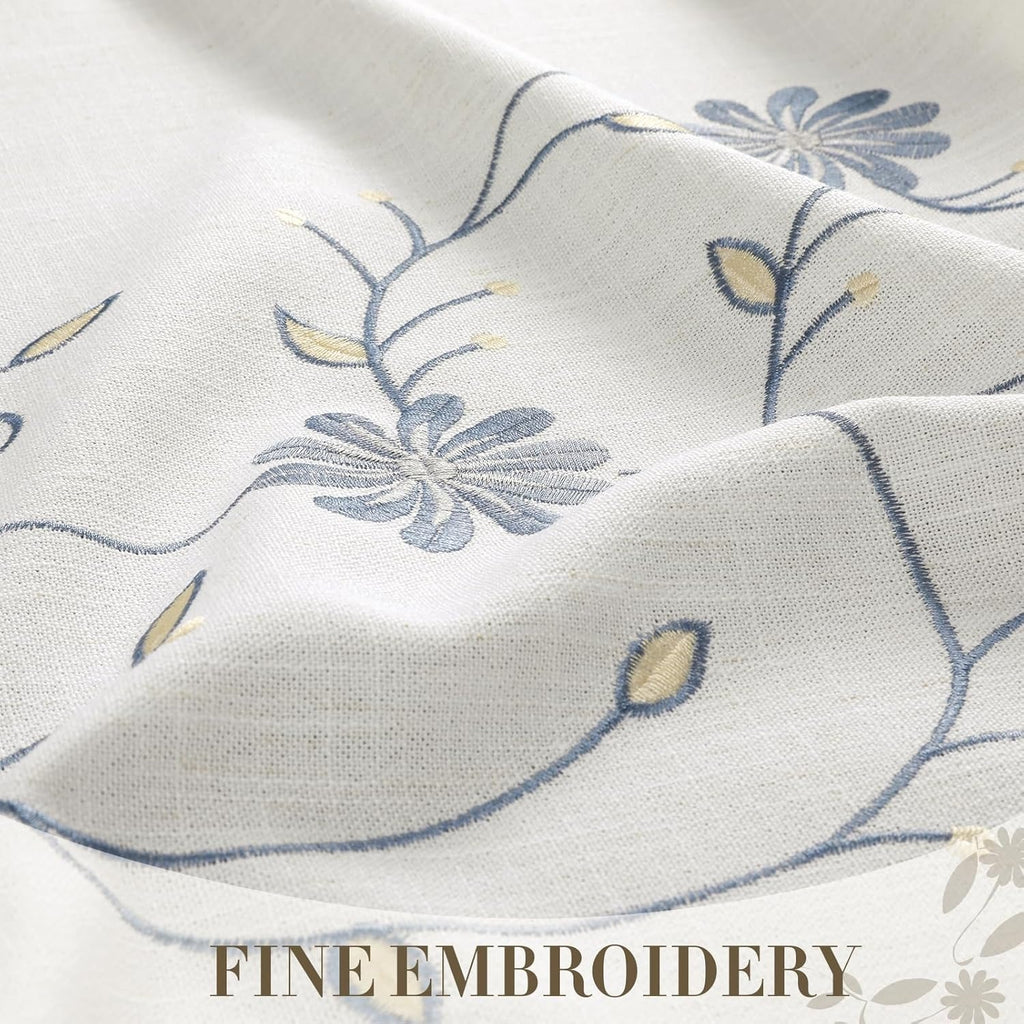Boho Rectangle Tablecloth – Fall Linen Cotton with Tassels, Grey Daisy Floral