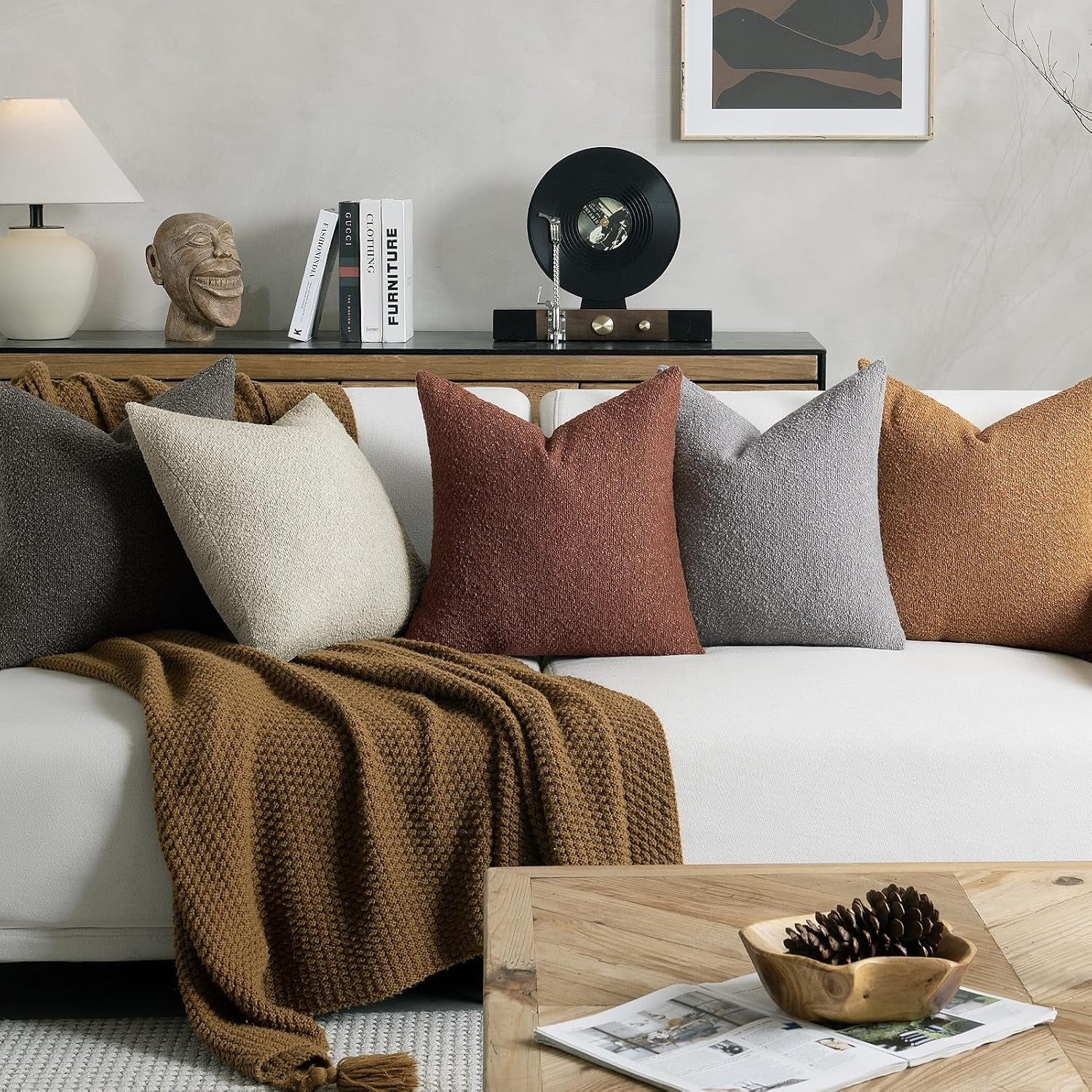 Set of 2 Beige Throw Pillow Covers – Boucle Textured